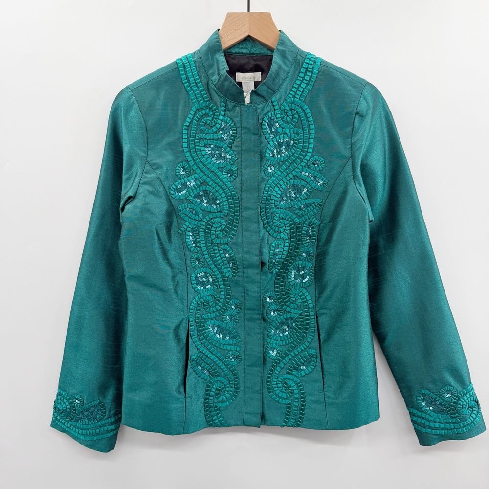 Chicos Twirling Applique Tiena Jacket in Deep Emerald Size 0 Small NEW‎